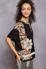 POL Lace Round Neck Short Sleeve Floral Pattern Top with Patch Detail 
