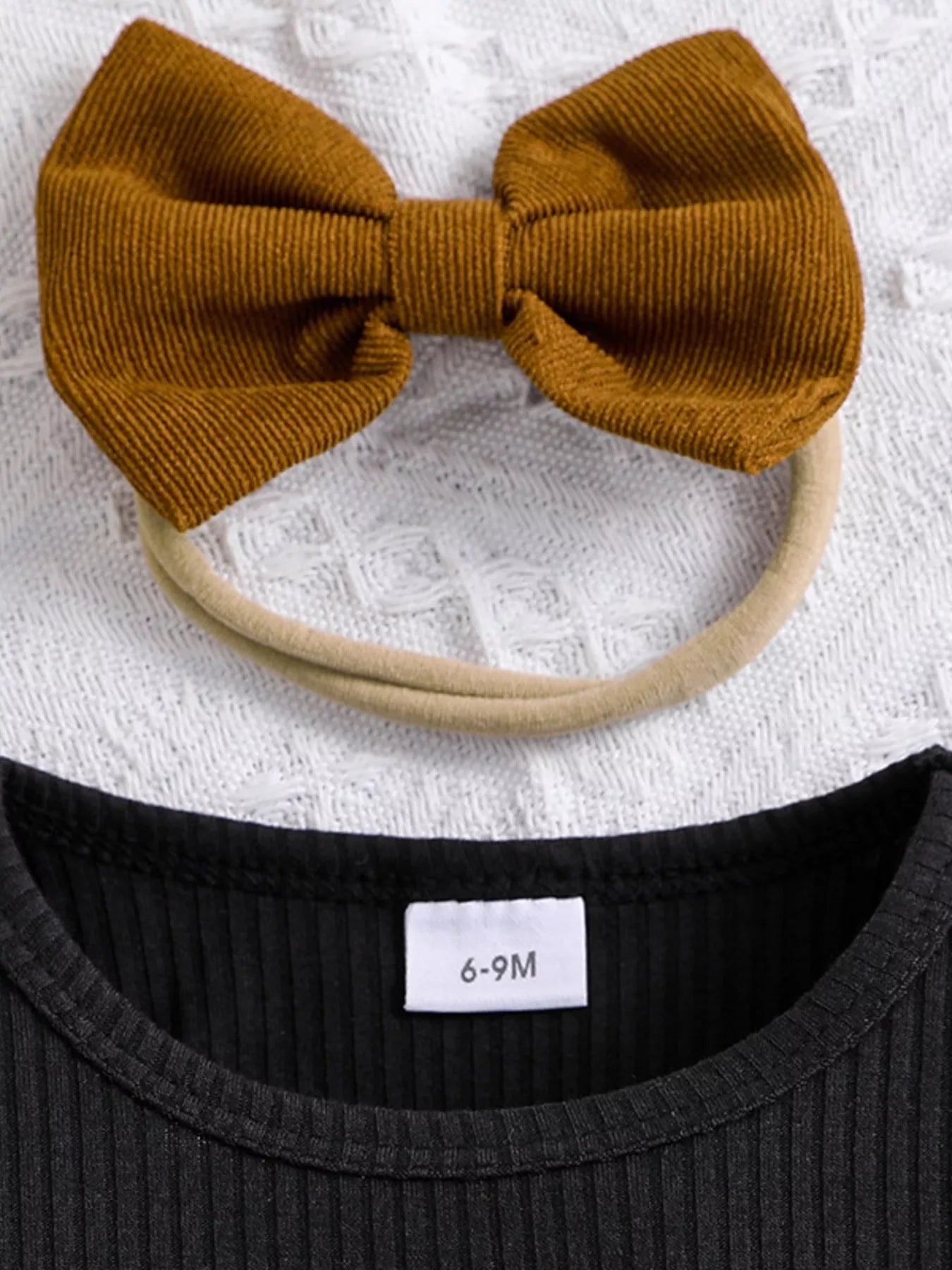 Children's Ribbed Top and Bow Skirt Set with Headband 