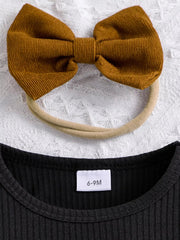 Children's Ribbed Top and Bow Skirt Set with Headband 