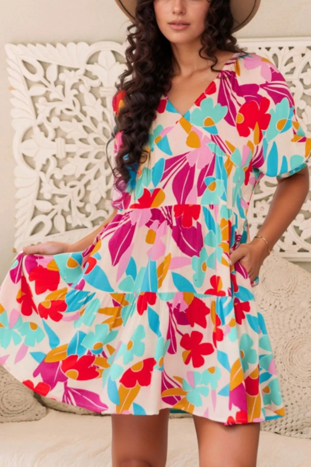 Floral Bubble Sleeve V Neck Tiered Ruffle Babydoll Dress 