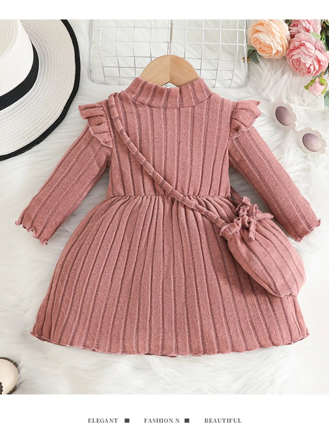 Children's Ribbed Knit Ruffle Trim Dress with Bag 