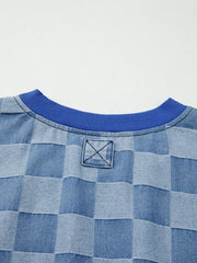 Checkerboard Splicing Raw Detail Oversized Denim Top 