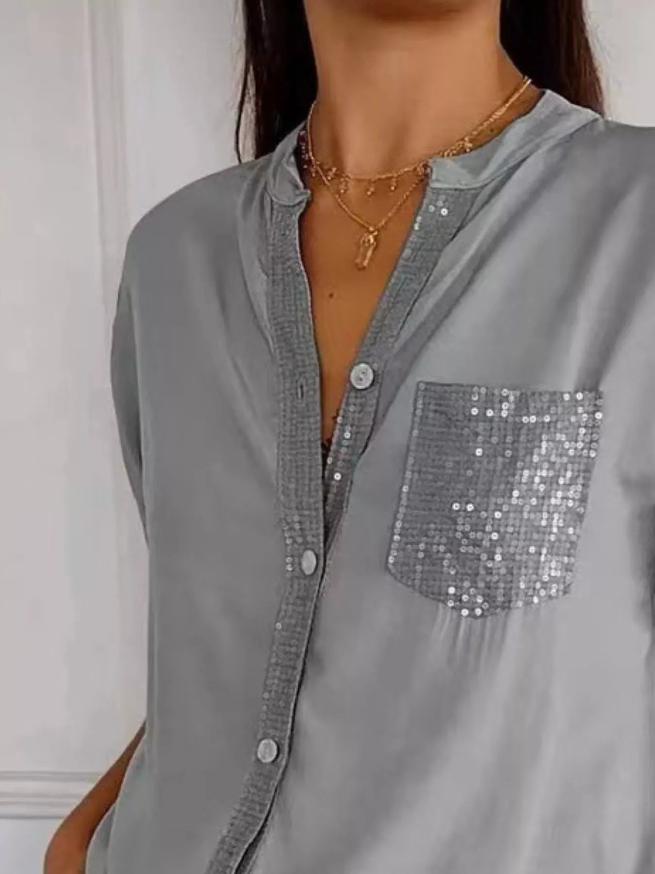 Full Size Sequin Detail Button-Down Shirt Plus Size 
