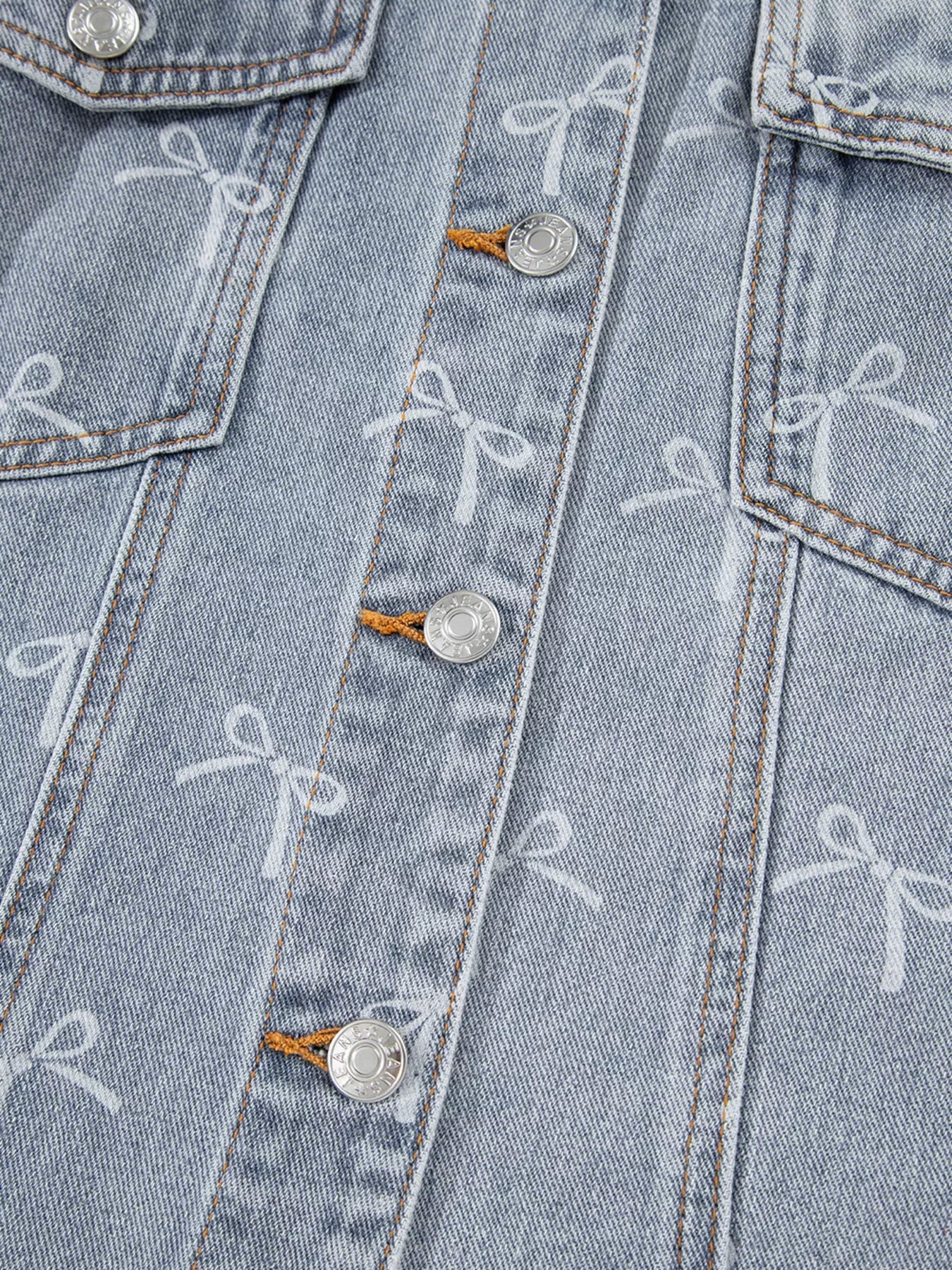 Bow Knot Print Light Wash Raw Hem Denim Jacket 