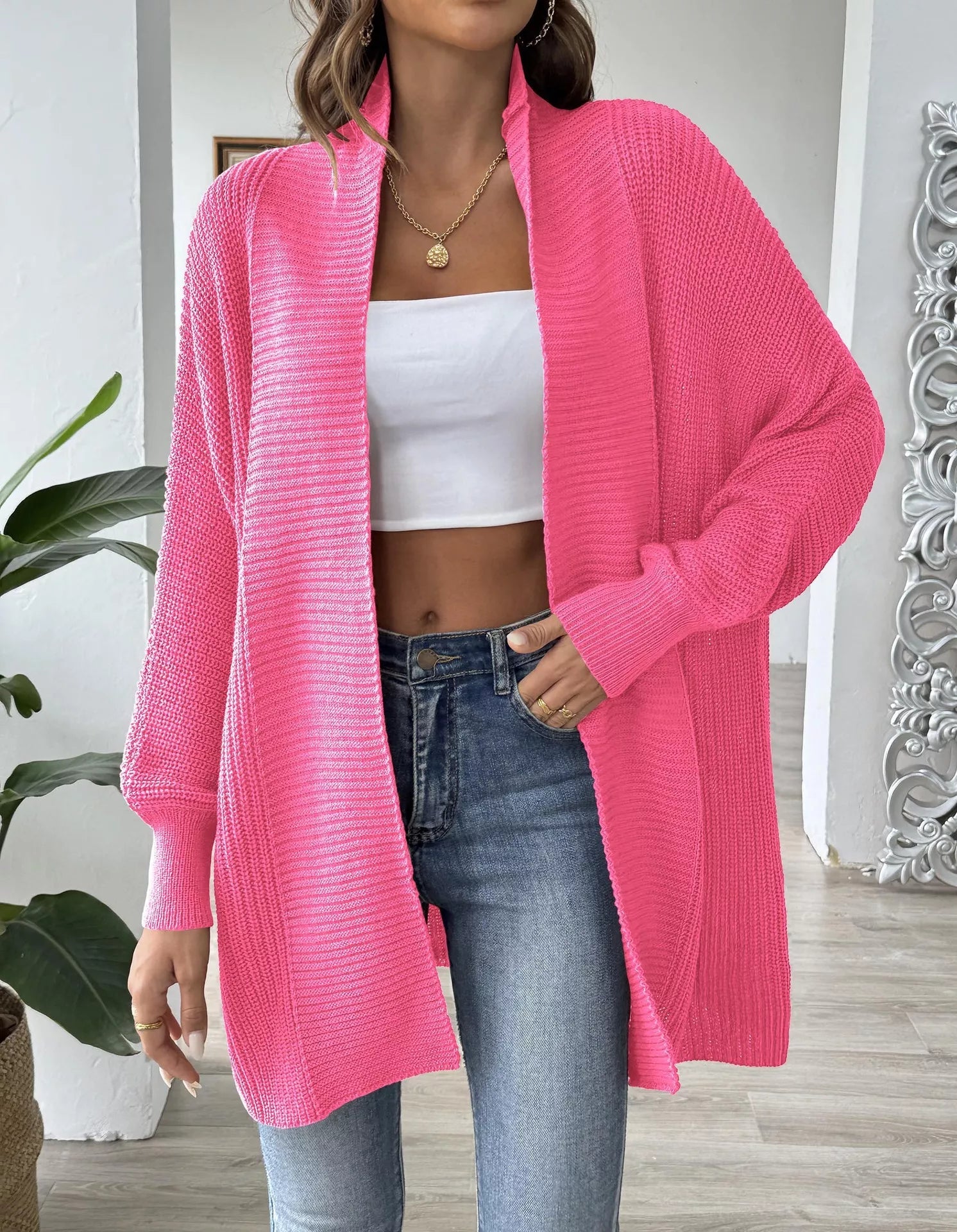 Open Front Ribbed Knit Cardigan 