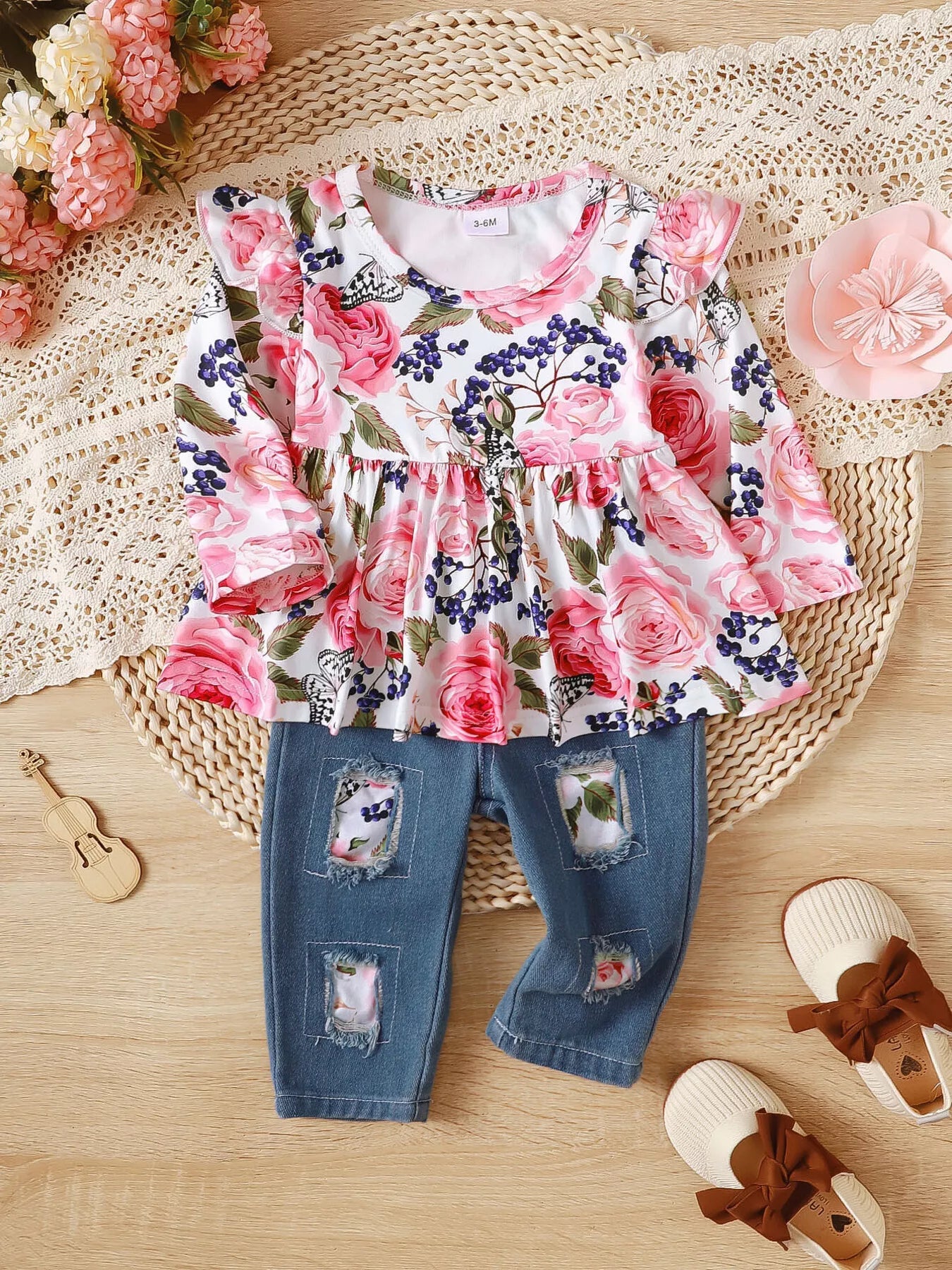 Children's Floral Ruffle Trim Top & Distressed Jeans Set 