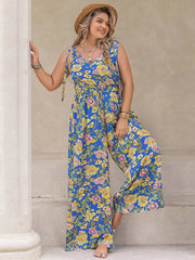 Plus Size Printed V-Neck Wide Leg Jumpsuit 