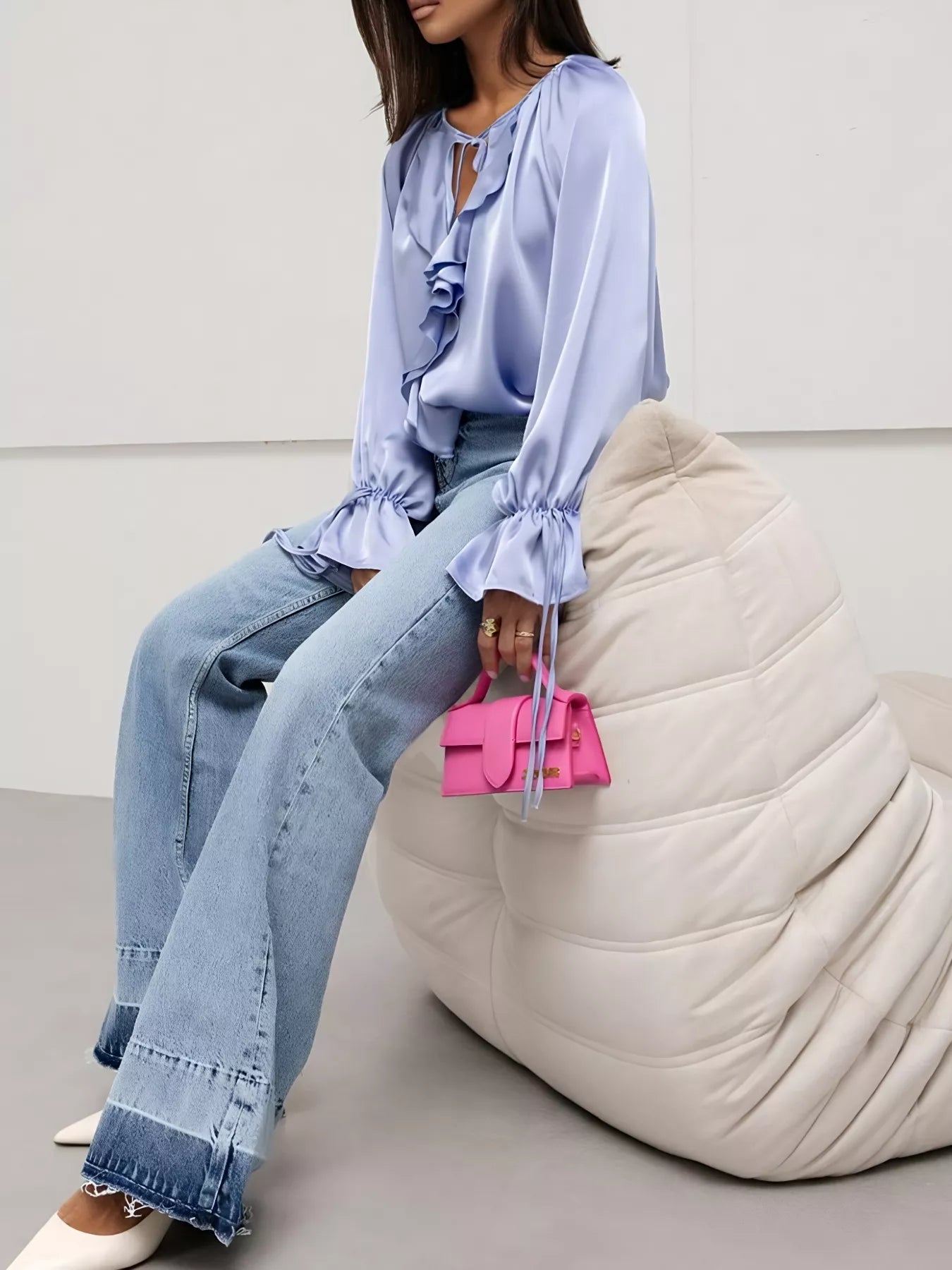 Ruffle Trim Satin Flounce Sleeve Blouse 