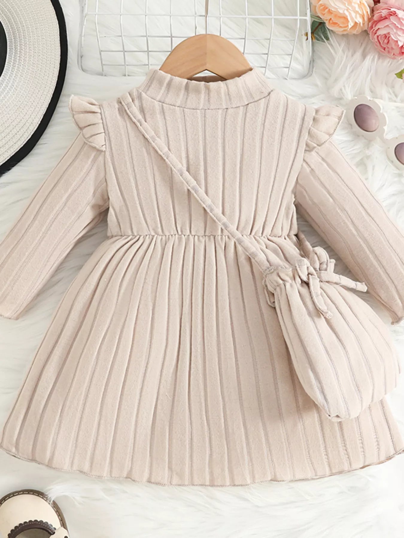 Children's Ribbed Knit Ruffle Trim Dress with Bag 