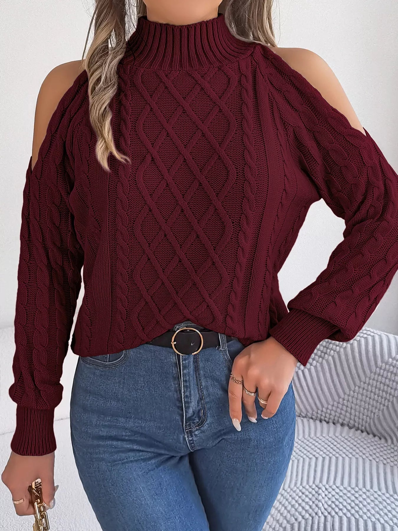 Cable Knit Cold Shoulder Turtleneck Sweater 