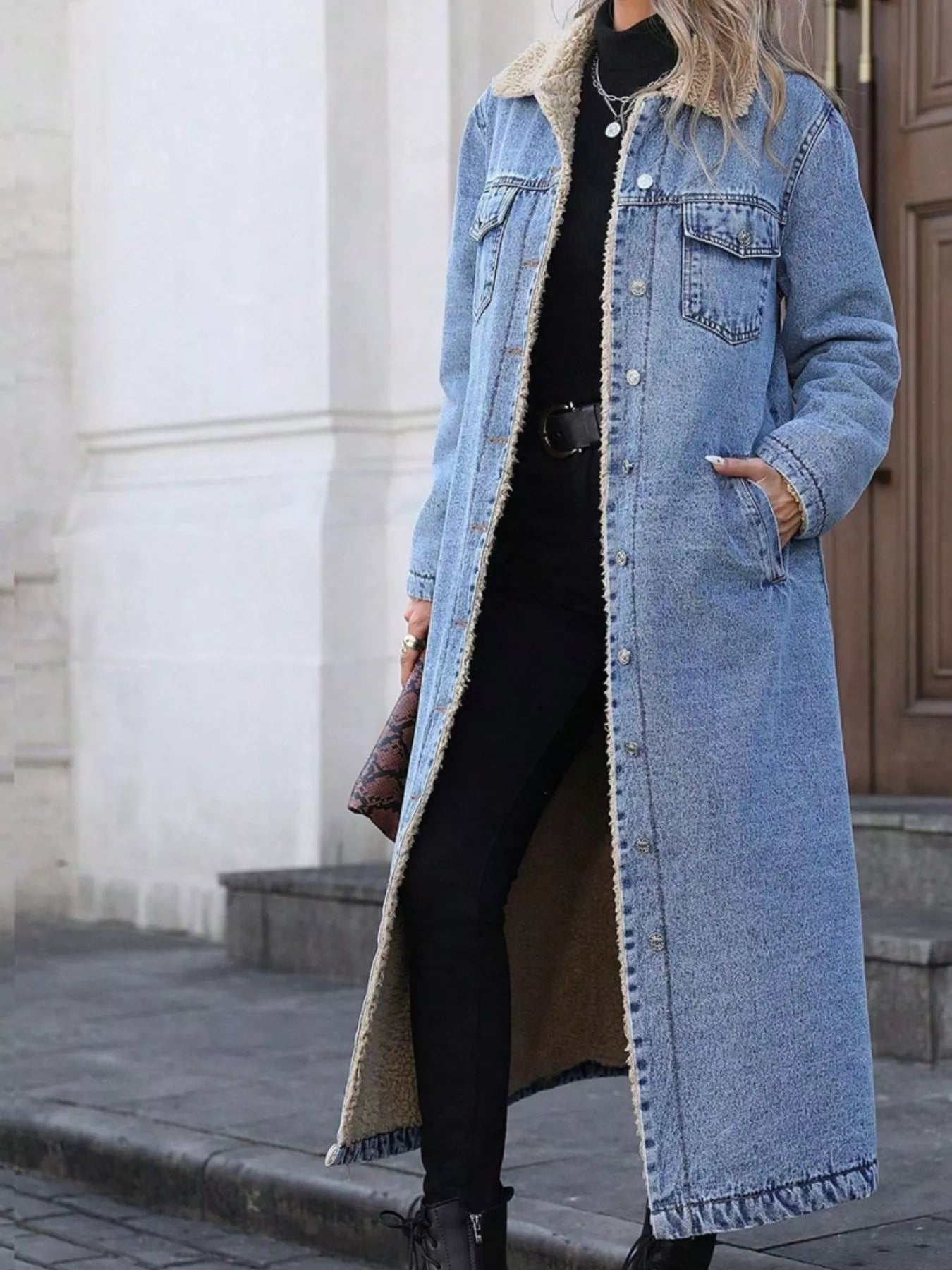 Sherpa Lined Longline Denim Jacket 