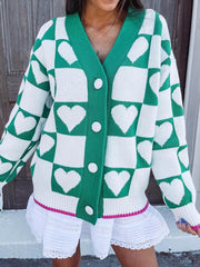 Plaid Heart Knit V Neck Button Down Sweater Cardigan 