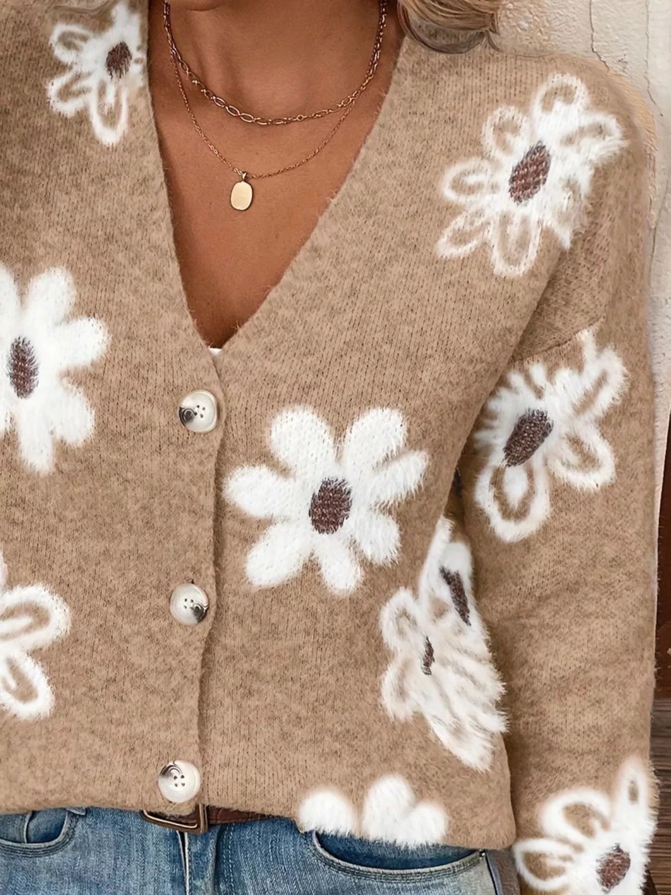 Floral Print Button-Up Knit Cardigan 