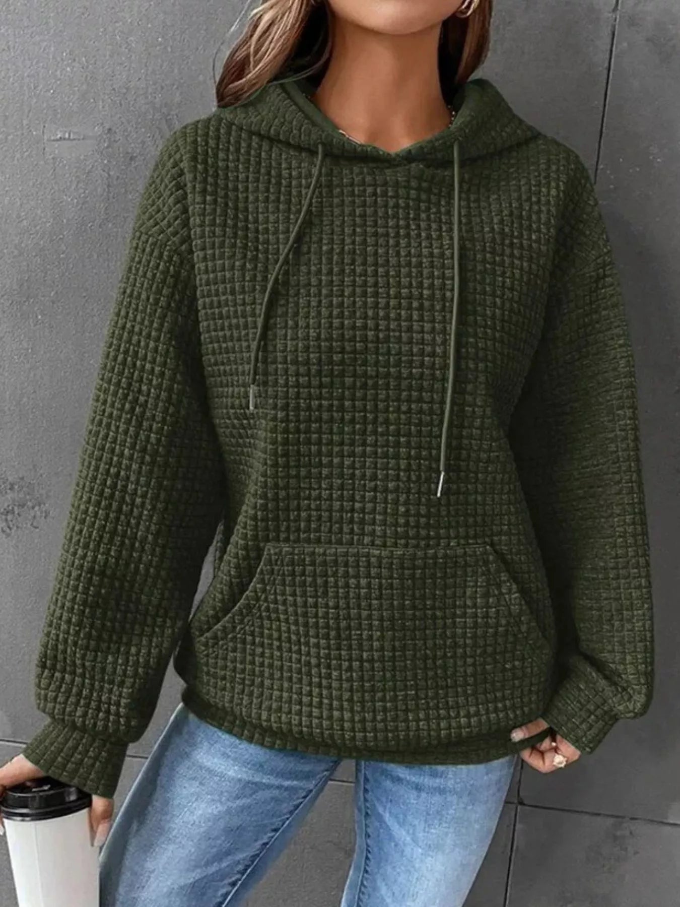 Full Size Textured Kangaroo Pocket Hoodie Plus Size 