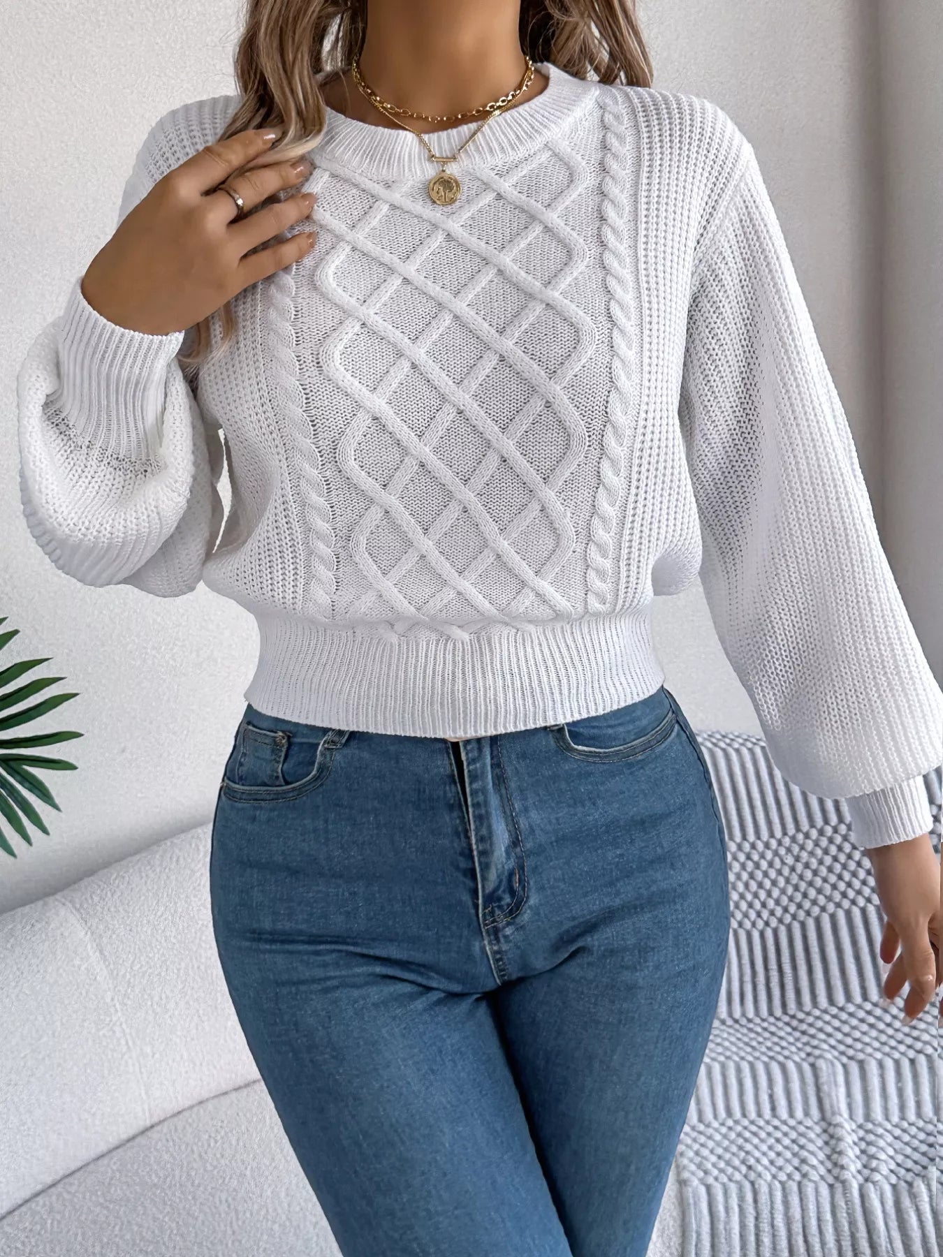 Cable Knit Diamond Pattern Long Sleeve Sweater 