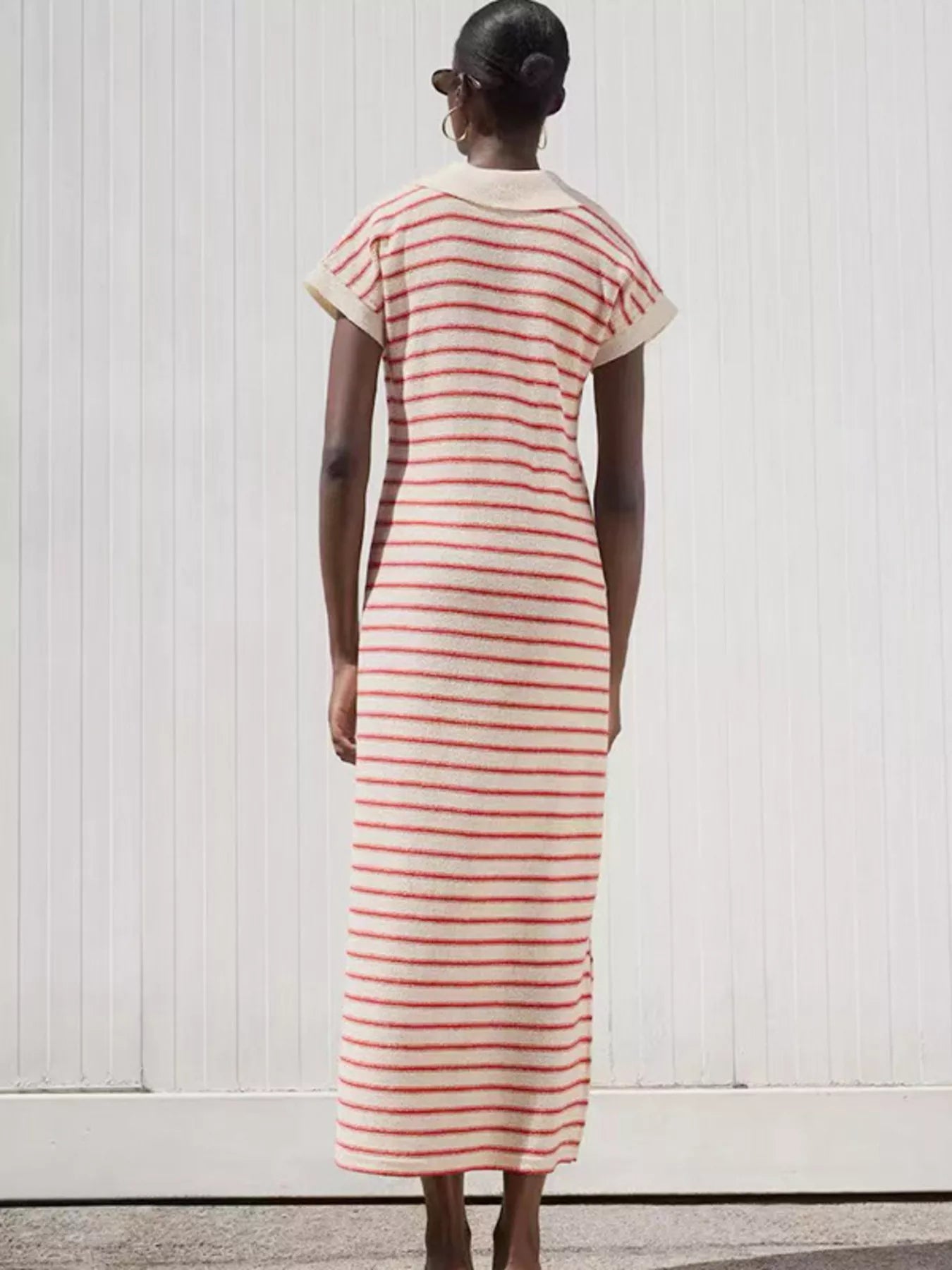 Striped Slit Short Sleeve Maxi Dress 
