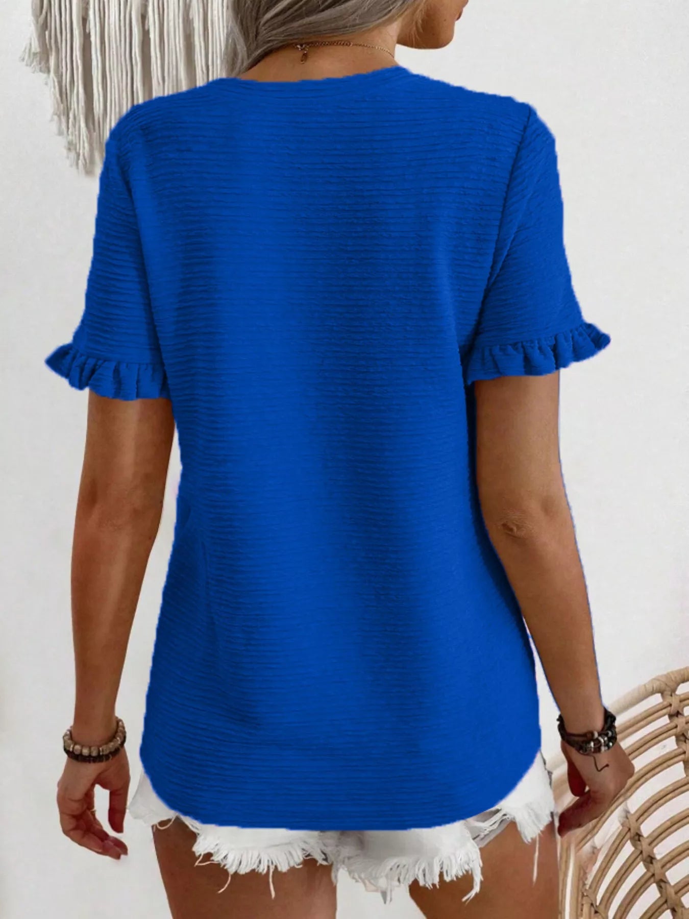 Textured Ruffle Sleeve Round Neck T-Shirt 