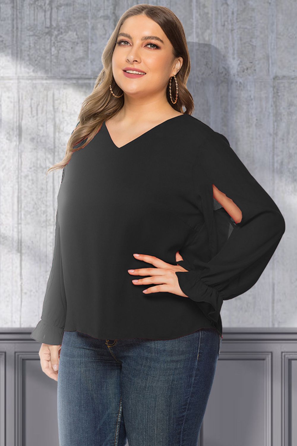 Plus Size Cutout Flounce Sleeve Blouse 
