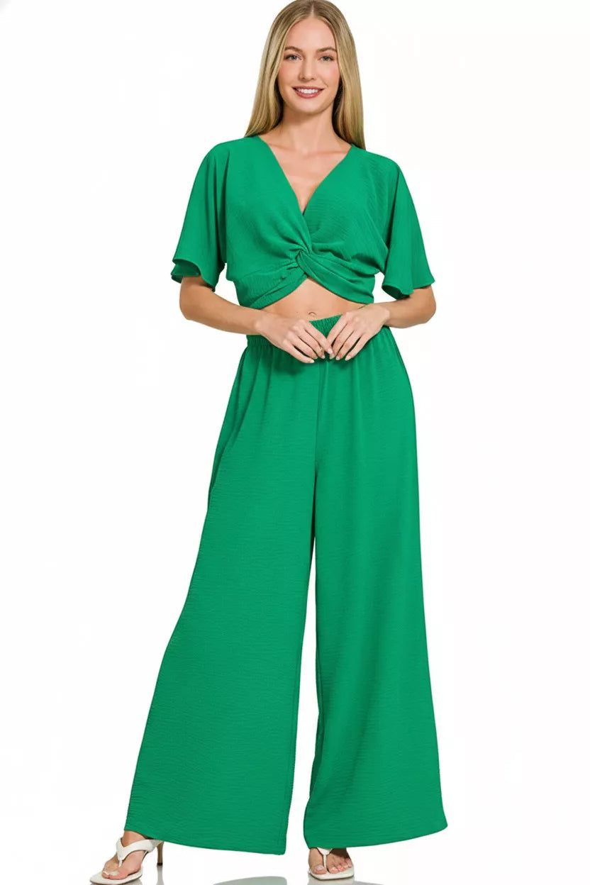 Zenana Woven Airflow Twisted Top & Wide Leg Pants Set 