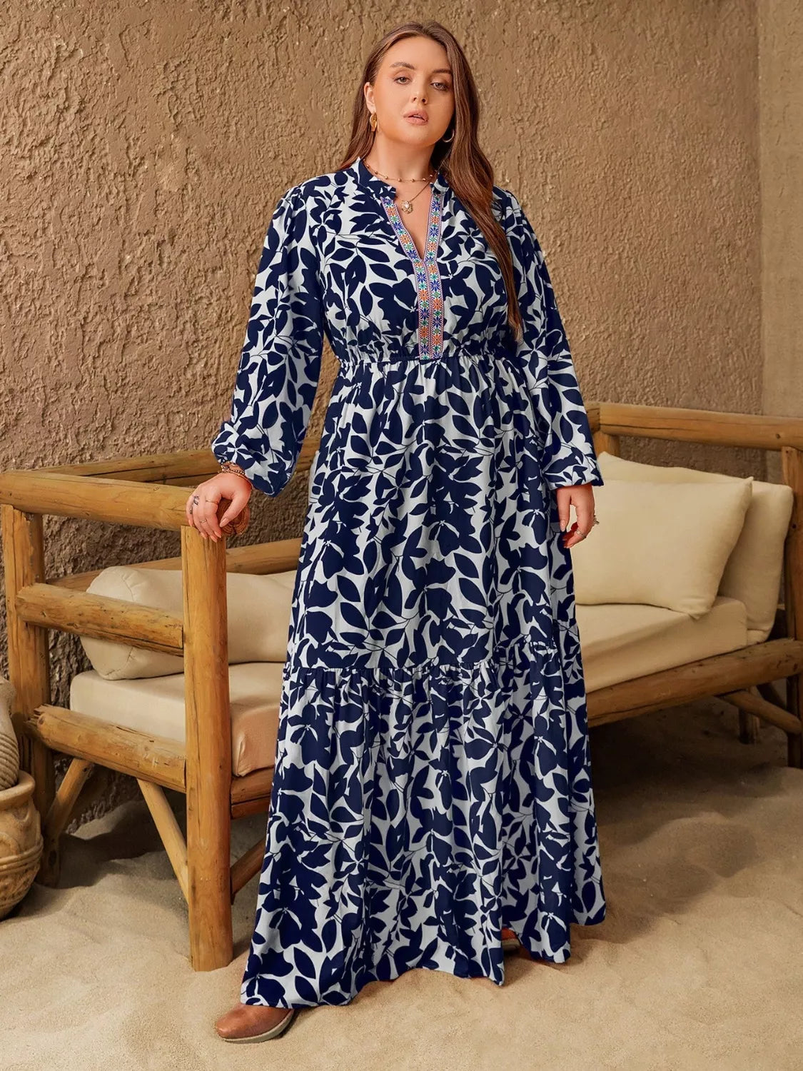 Plus Size Floral Print Notched Long Sleeve Maxi Dress 