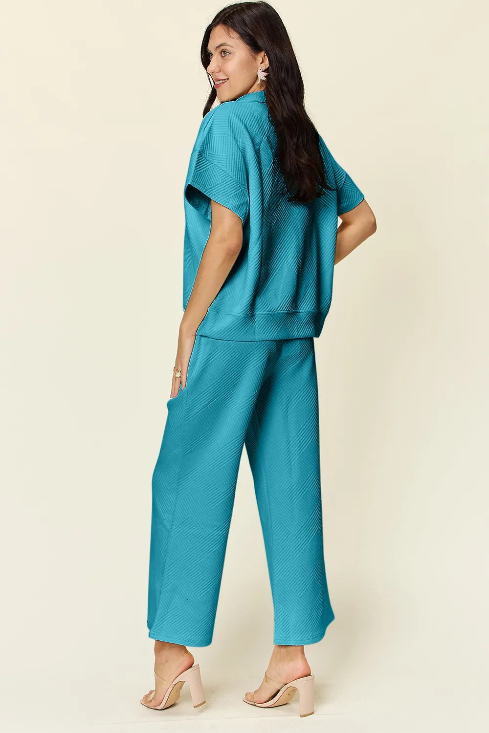Double Take Full Size Texture Half Zip Short Sleeve Top and Pants Set 