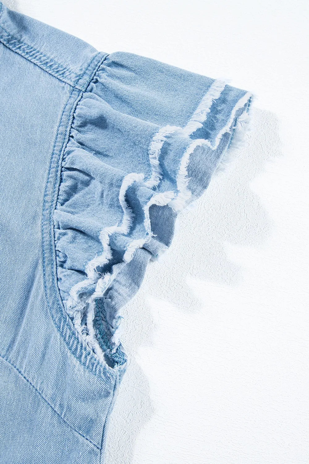 Button Down Raw Hem Ruffled Denim Shirt 