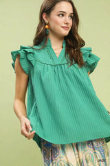 Umgee Ruffle Sleeve Textured Babydoll Blouse 