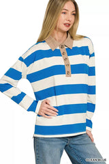 Zenana Striped Contrast Collar Polo Top 