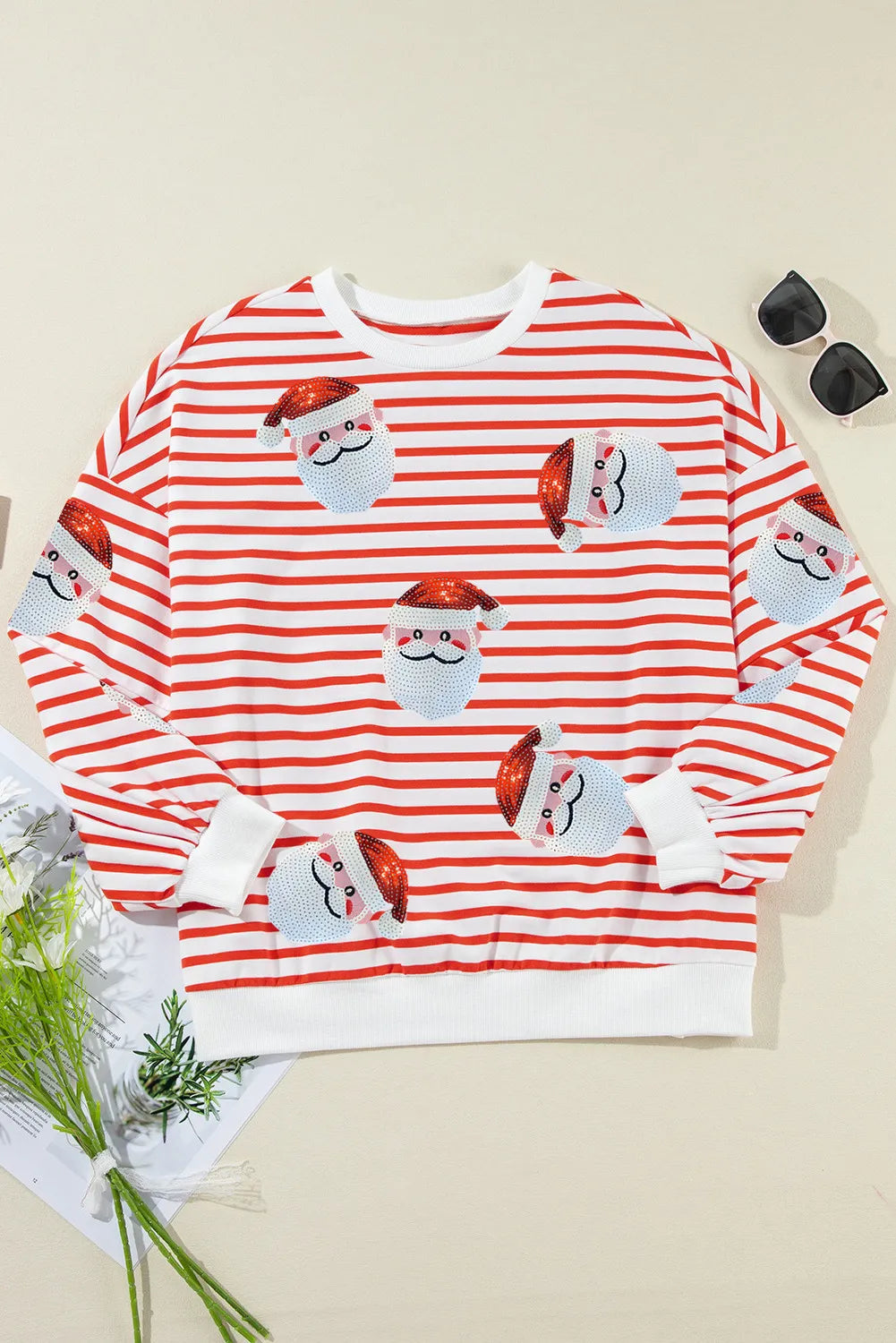 Sequin Santa Striped Round Neck Long Sleeve Sweatshirt 