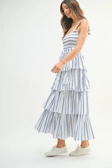 MABLE Pin Stripe Smocked Bodice Layered Midi Dress 