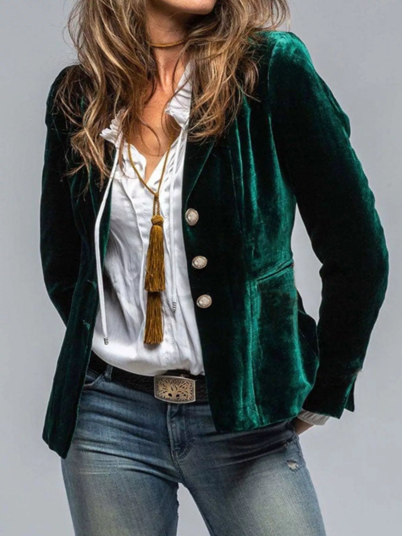 Velvet Lapel Collar Button Up Blazer 