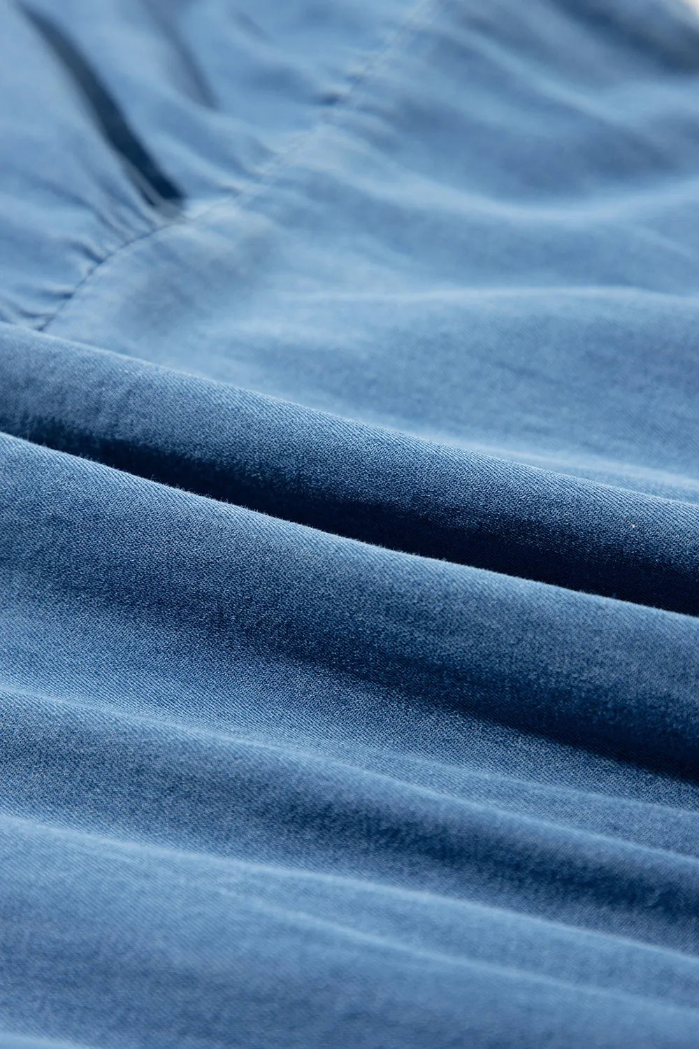 Tie Neck Tiered Maxi Denim Dress 