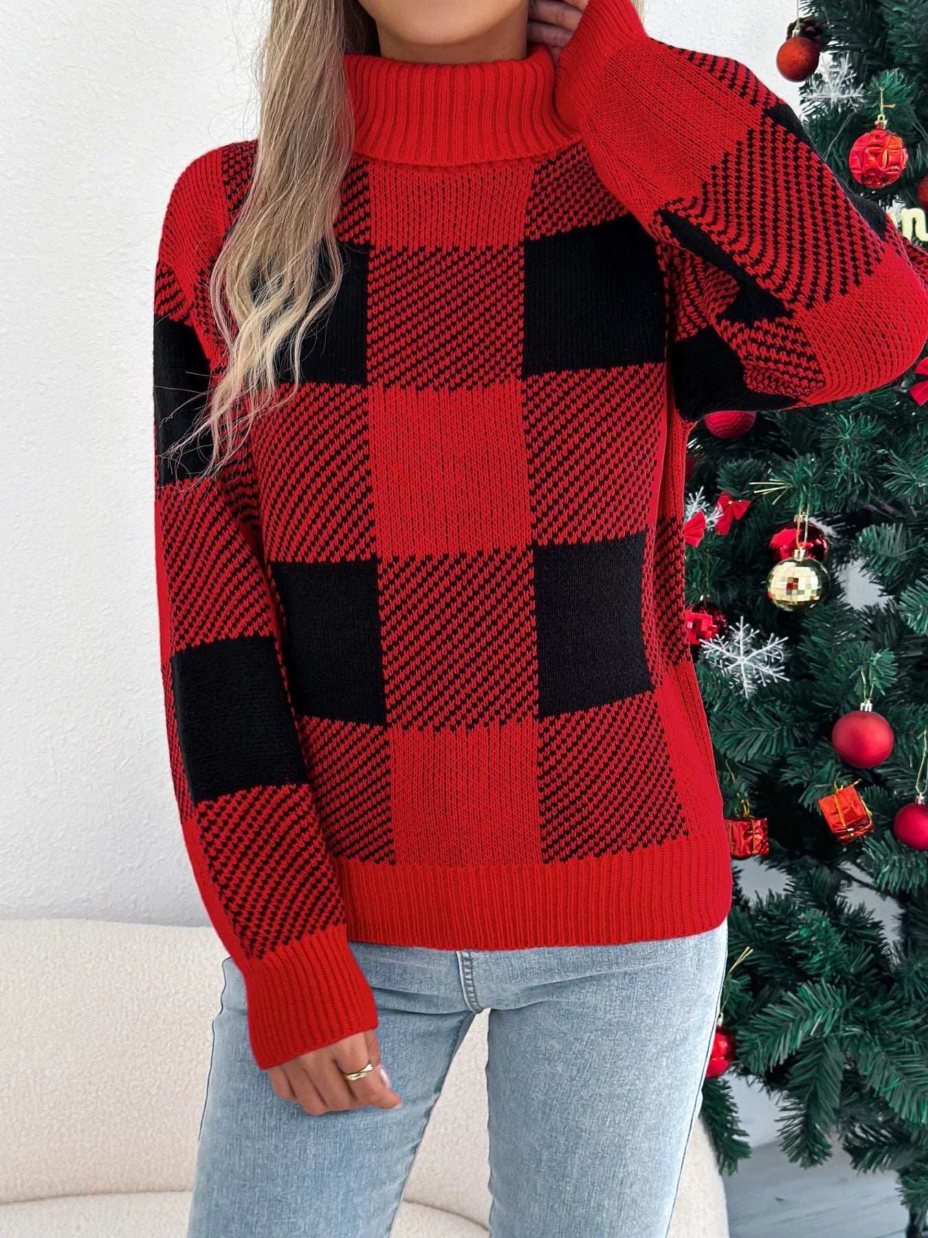 Christmas Plaid Long Sleeve Turtleneck Sweater 