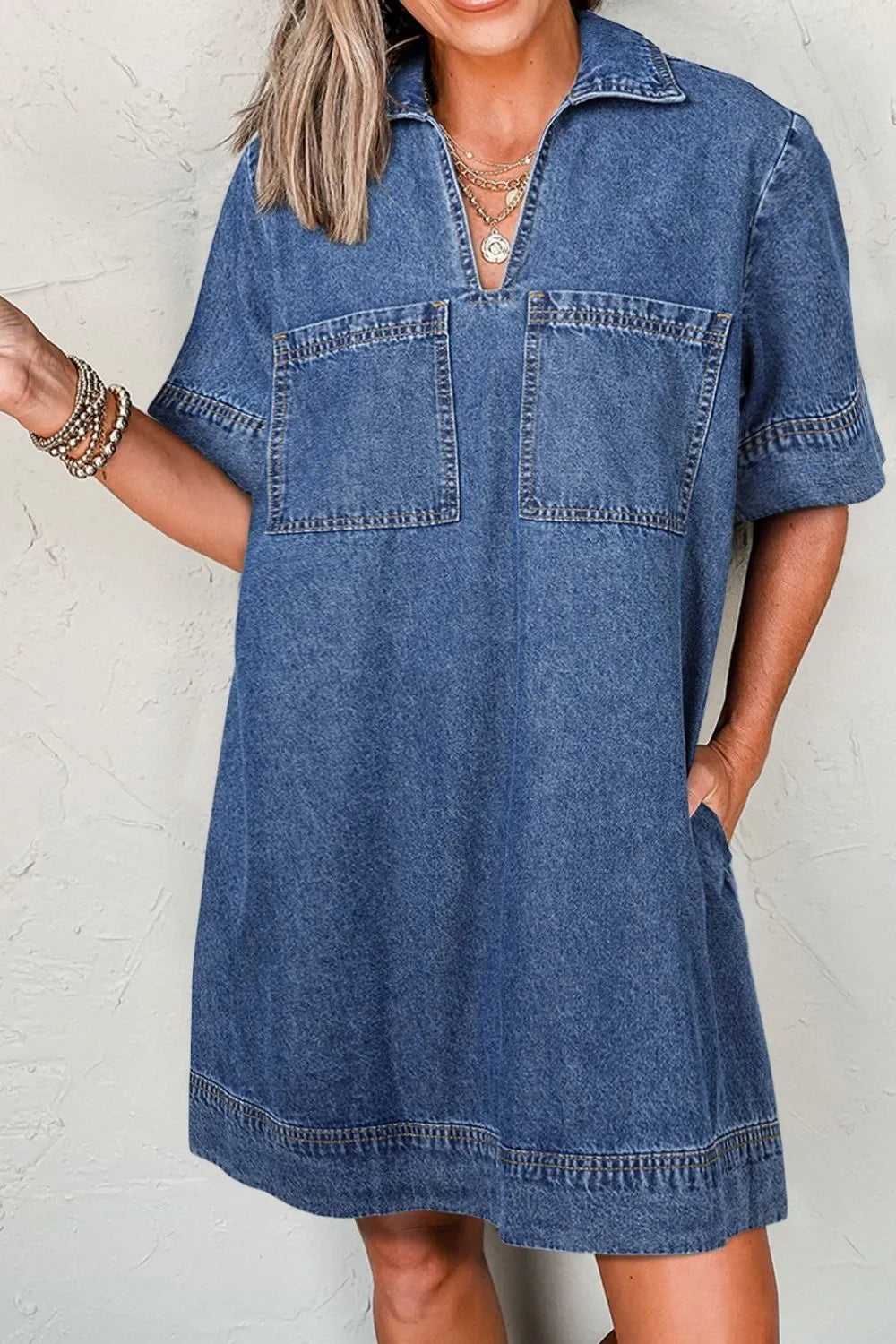 Short Sleeve Collared Patched Pocket Denim Mini Dress 
