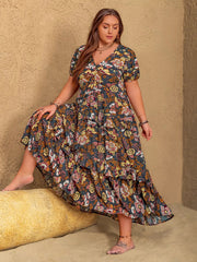 Plus Size V-Neck Short Sleeve Midi Dress 