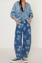 Flower Print Wide Leg Jeans 
