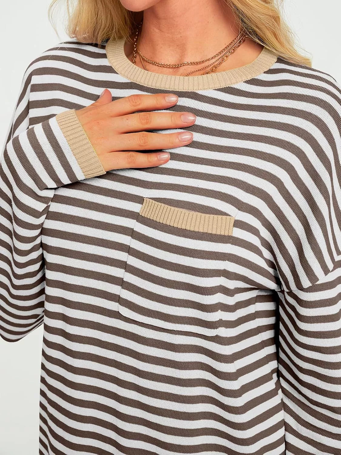 Striped Long Sleeve Sweater with Contrast Ribbed Trim 