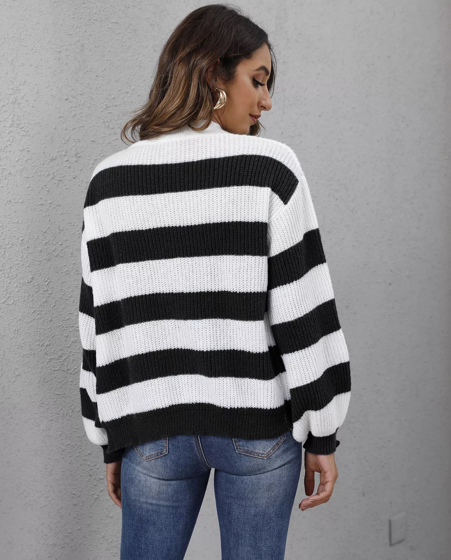 Striped Button-Up Long Sleeve Cardigan 