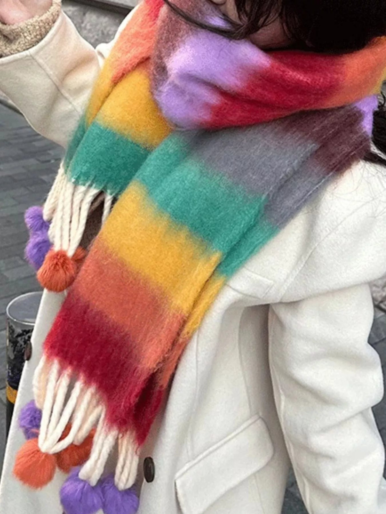 Rainbow Striped Fuzzy Scarf with Pom-Poms 