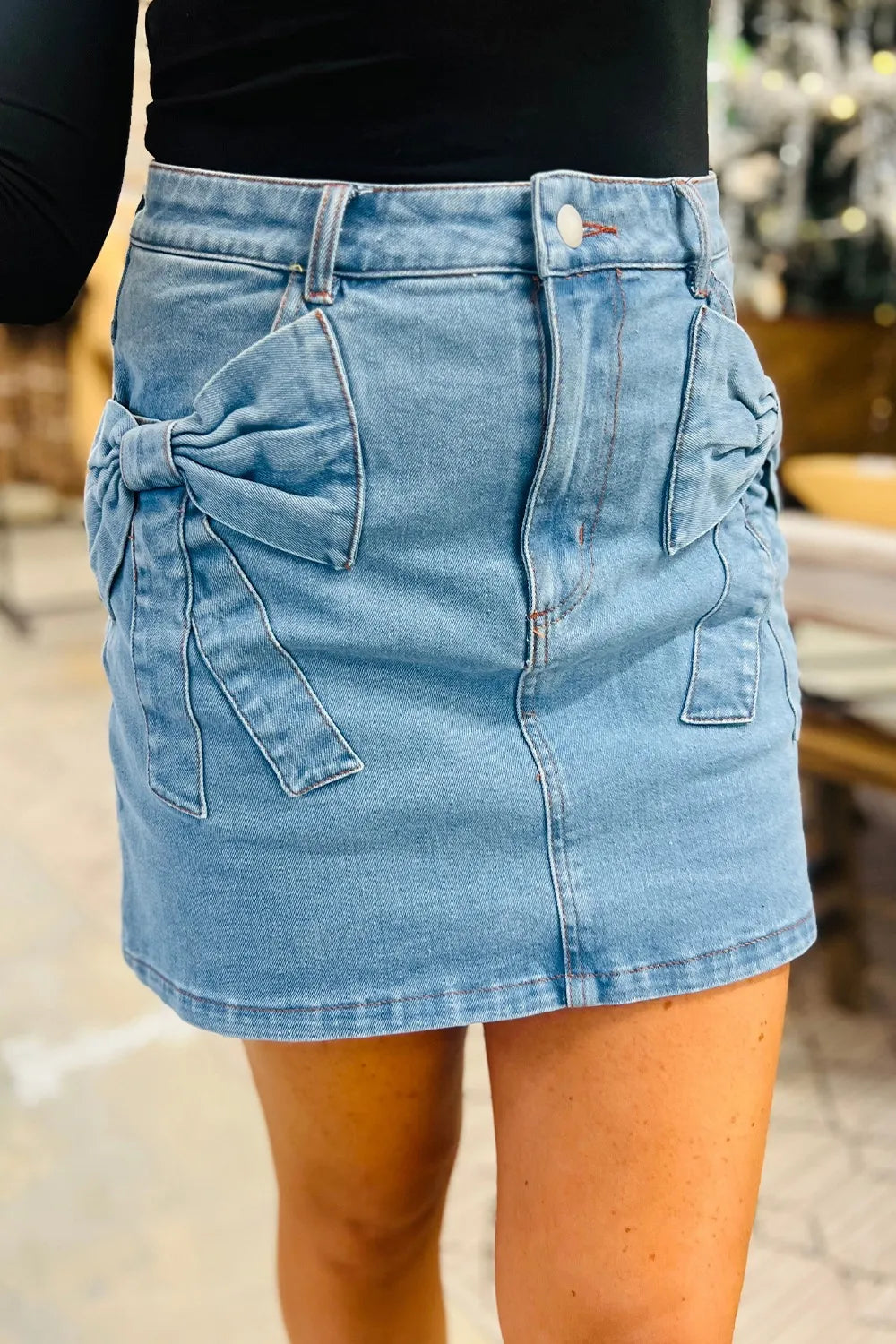 Acid Wash Bowknot Details High Waist Denim Skirt 