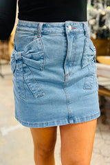 Acid Wash Bowknot Details High Waist Denim Skirt 