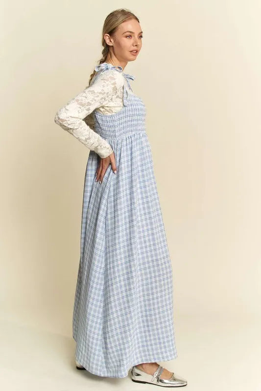 Davi & Dani Plaid Smocking Sleeveless Maxi Dress 