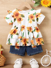 Children's Sunflower Ruffled Short Sleeve Top and Shorts Set 