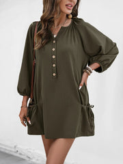 Button Front Balloon Sleeve Dress 