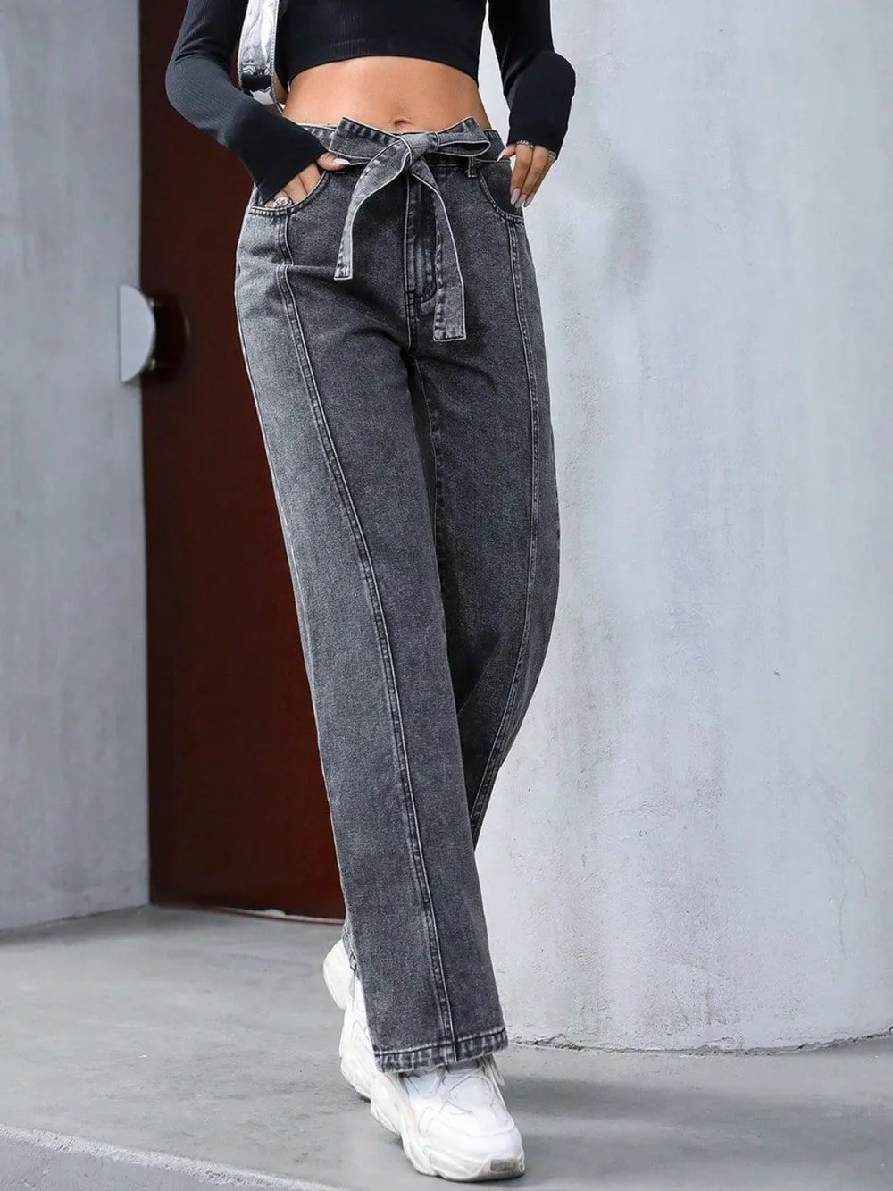 Tied Straight Leg Jeans with Pockets 
