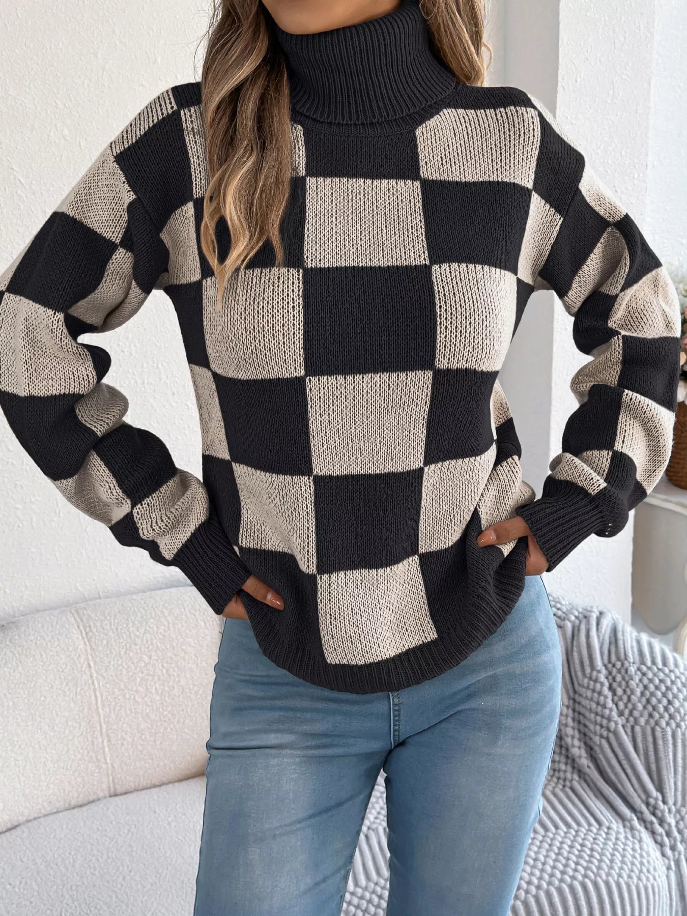 Checkered Turtleneck Long Sleeve Sweater 