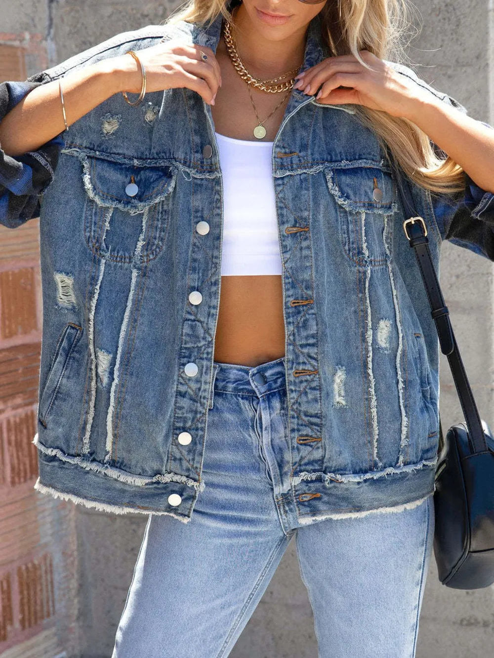 Raw Hem Plaid Sleeve Denim Jacket 