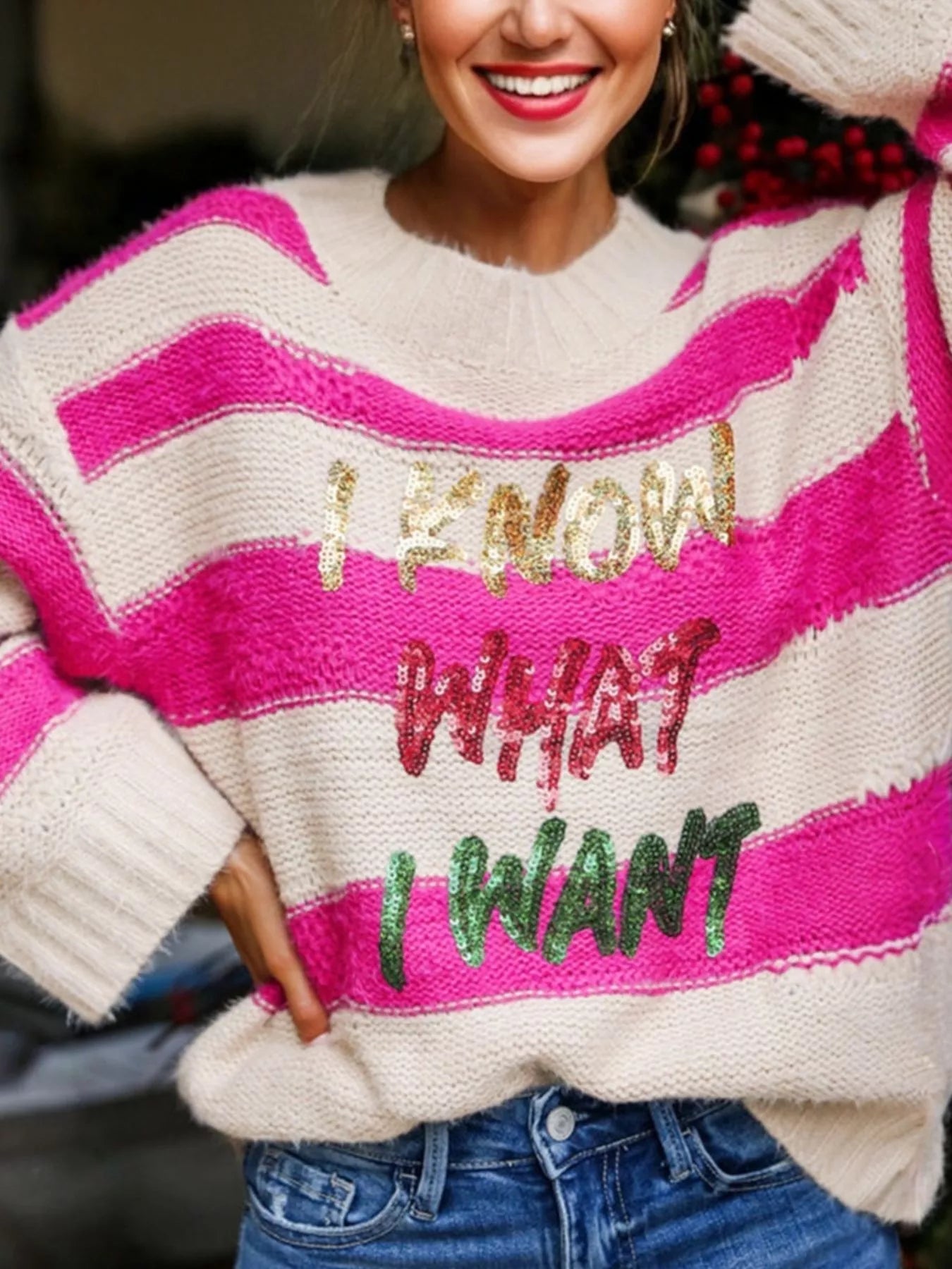 Sequin Letter Graphic Colorblock Loose Sweater 
