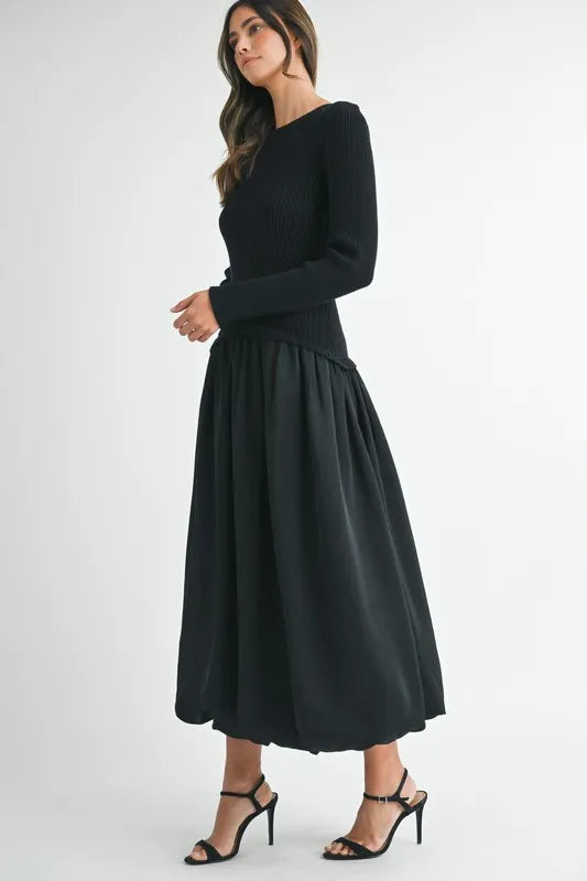 MABLE Ribbed Poplin Mix Midi Sweater Dress 