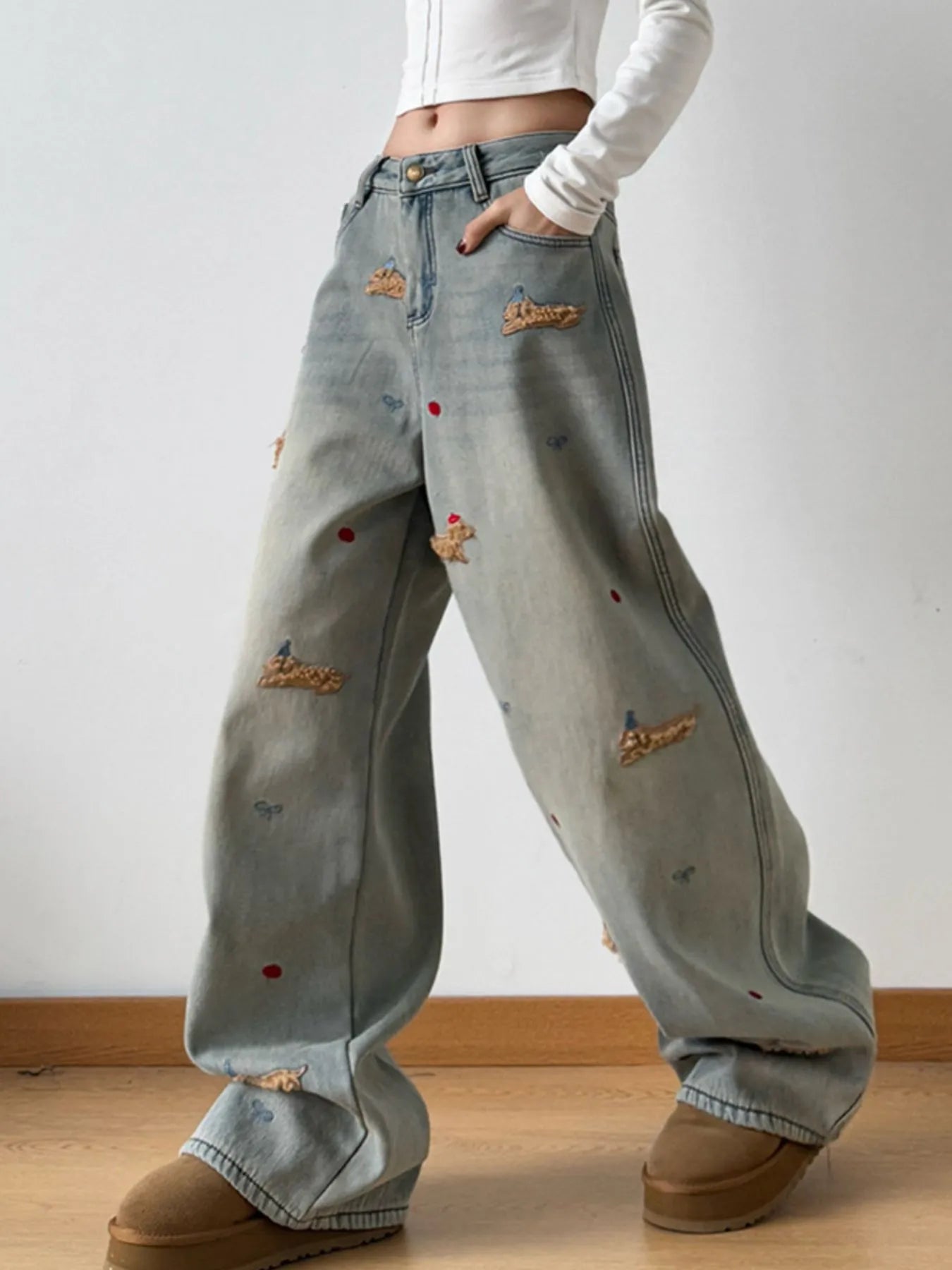 Embroidered Wide Leg Jeans 